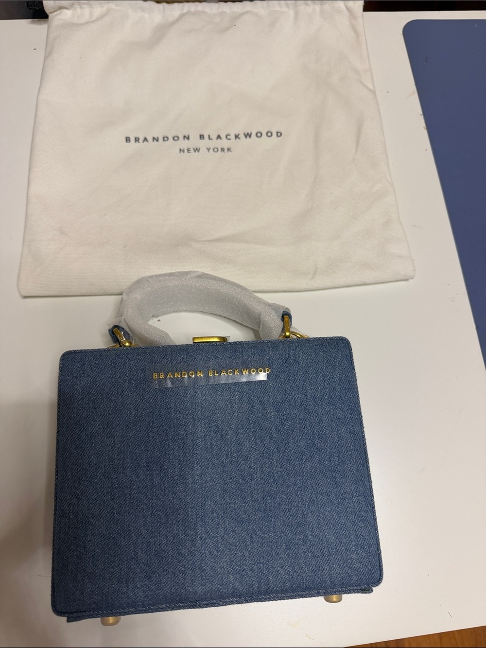 Brandon Blackwood Blue Denim Mini Top-Handle Box Bag with Gold Hardware